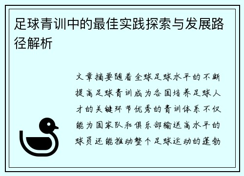 足球青训中的最佳实践探索与发展路径解析 足球青训中的最佳实践探索与发展路径解析
