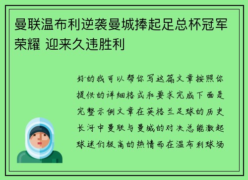 曼联温布利逆袭曼城捧起足总杯冠军荣耀 迎来久违胜利