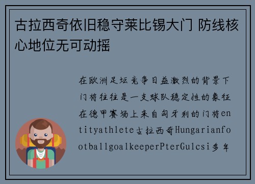 古拉西奇依旧稳守莱比锡大门 防线核心地位无可动摇