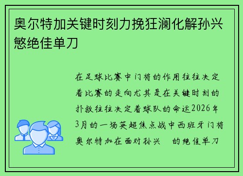 奥尔特加关键时刻力挽狂澜化解孙兴慜绝佳单刀