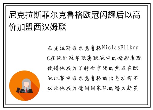 尼克拉斯菲尔克鲁格欧冠闪耀后以高价加盟西汉姆联