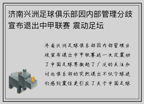 济南兴洲足球俱乐部因内部管理分歧宣布退出中甲联赛 震动足坛